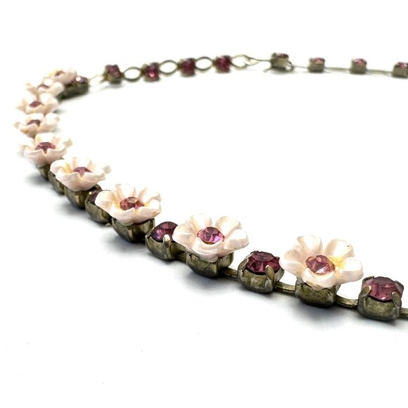 Vintage 1950s Pink Thermoset Flower and Rose Rhinestone Choker — 15 1/2" — EUC - Picture 6 of 7